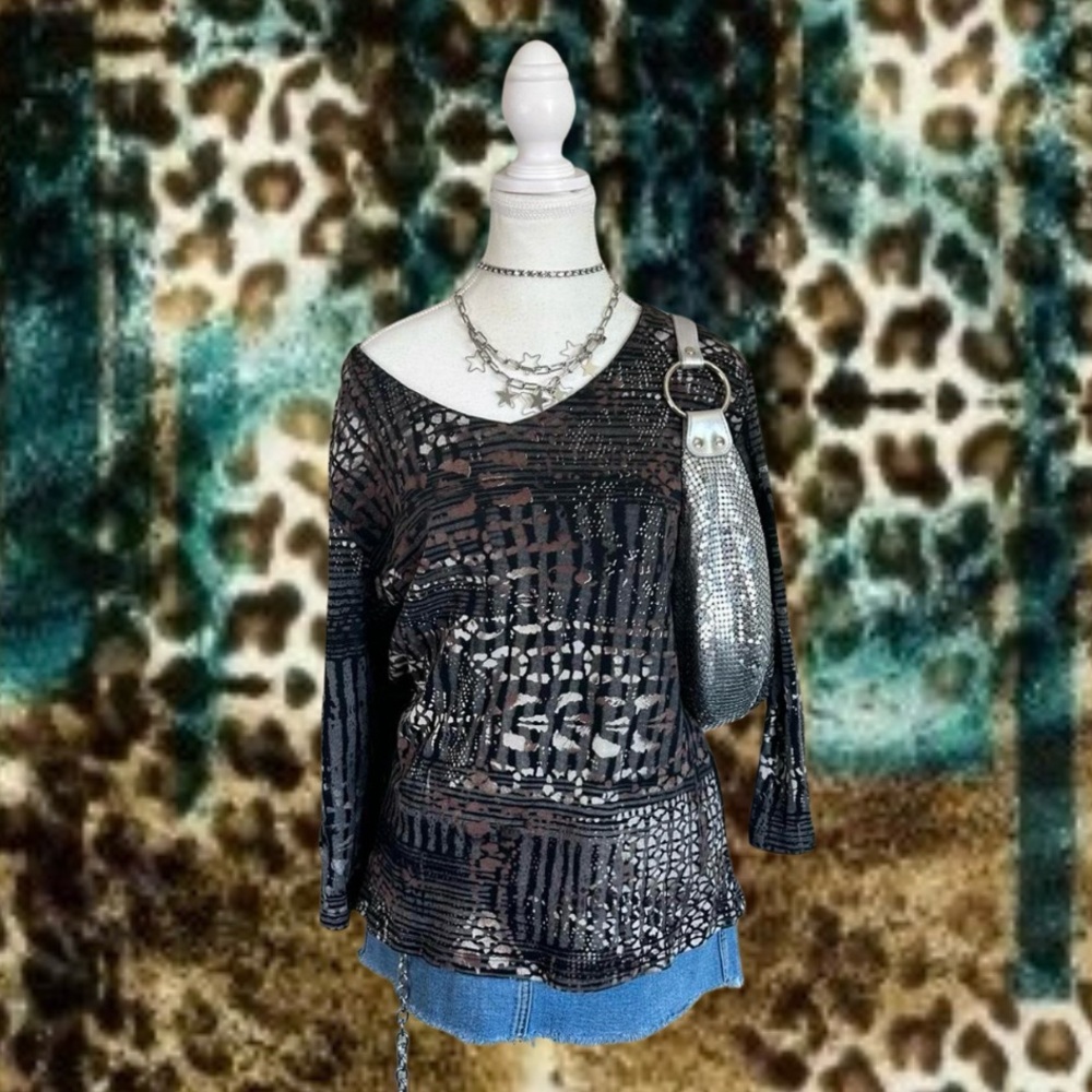 katina marie abstract print metallic shimmer top